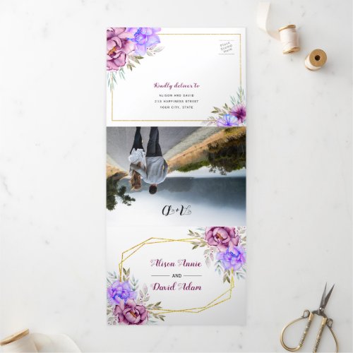 Purple blue watercolor flowers with RSVP wedding  Tri_Fold Invitation