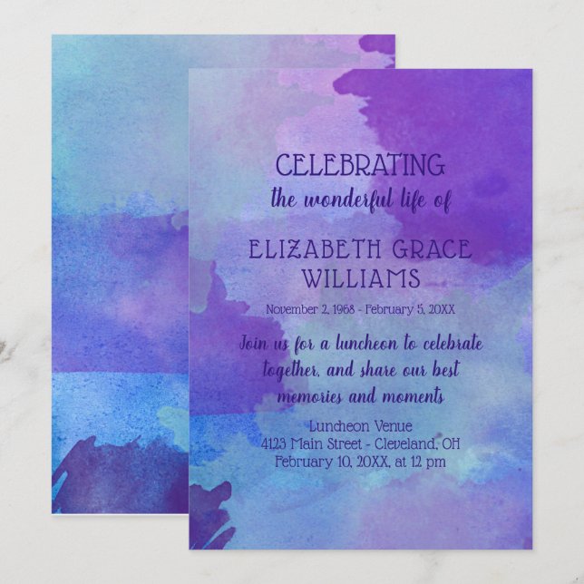 Purple & Blue Watercolor Life Celebration Invitation (Front/Back)