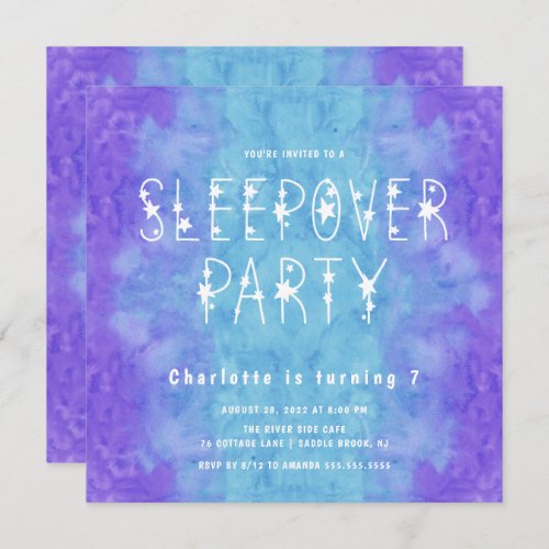 Purple Blue Watercolor Starry Girls Sleepover Invi Invitation