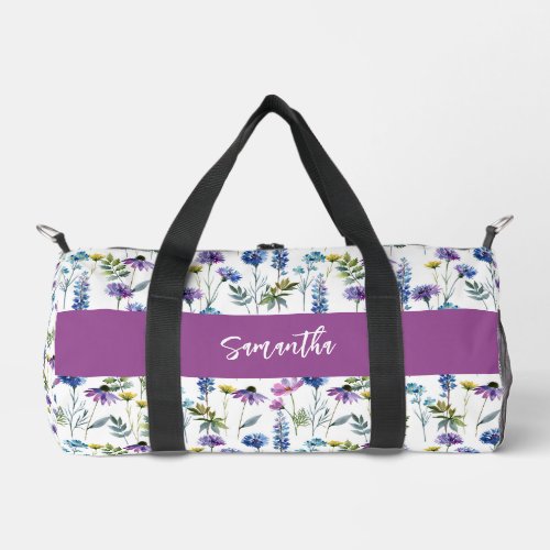 Purple Blue Watercolor Wildflower Monogram Duffle Bag