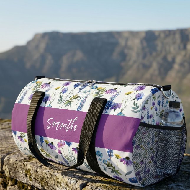 Purple Blue Watercolor Wildflower Monogram Duffle Bag (Creator Uploaded)