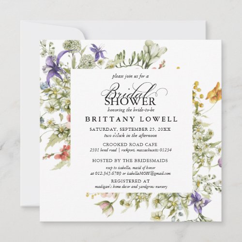 Purple Blue Watercolor Wildflowers Bridal Shower Invitation
