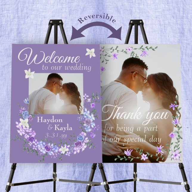Purple, Blue Wedding Welcome, Thank You Reversible Foam Board (purple rose wreath welcome sign reversible thank you sign, wedding hello, goodbye double sided sign)
