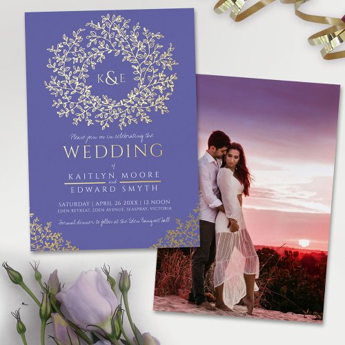 Purple blue wedding wreath leaves photo foil invitation