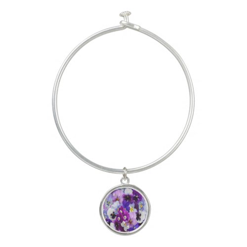 Purple Blue White Floral Pansy Flower  Bangle Bracelet