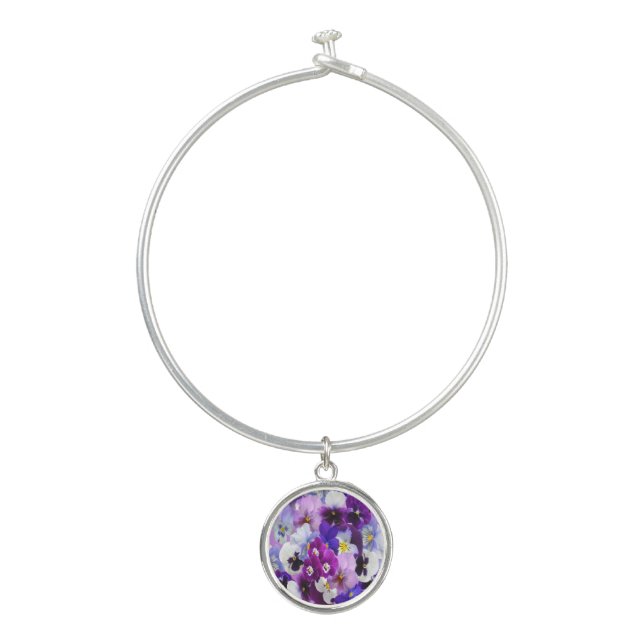 Purple Blue White Floral Pansy Flower  Bangle Bracelet (Front)