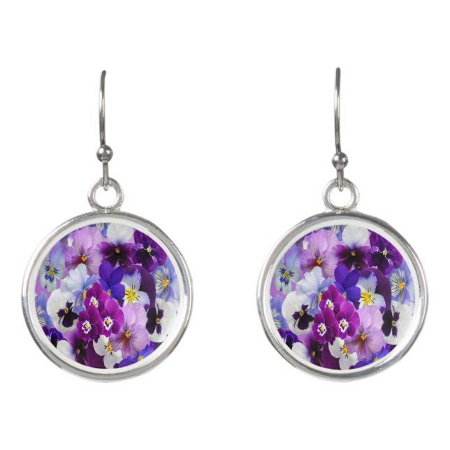 Purple Blue White Floral Pansy Flower Earrings (Front)