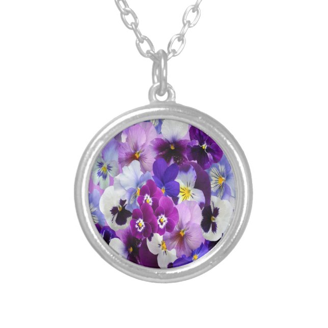 Purple Blue White Floral Pansy Flower Silver Plated Necklace (Front)