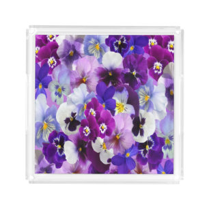 Purple Blue White Floral Pansy Flowers  Acrylic Tray