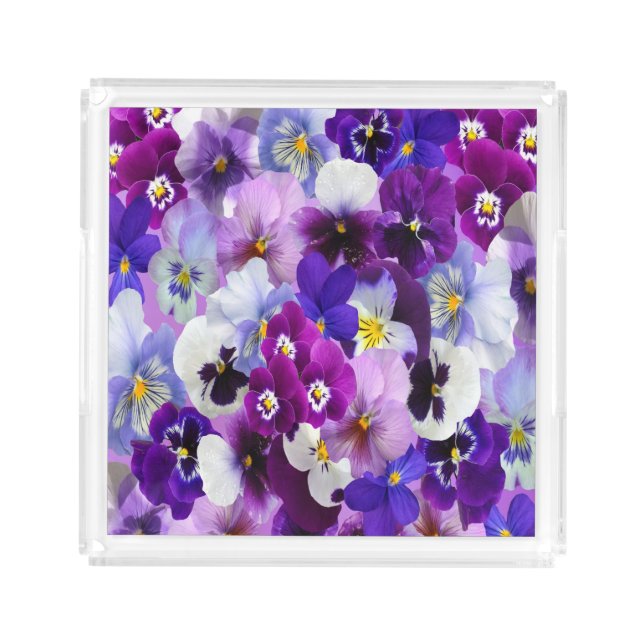 Purple Blue White Floral Pansy Flowers  Acrylic Tray (Front)