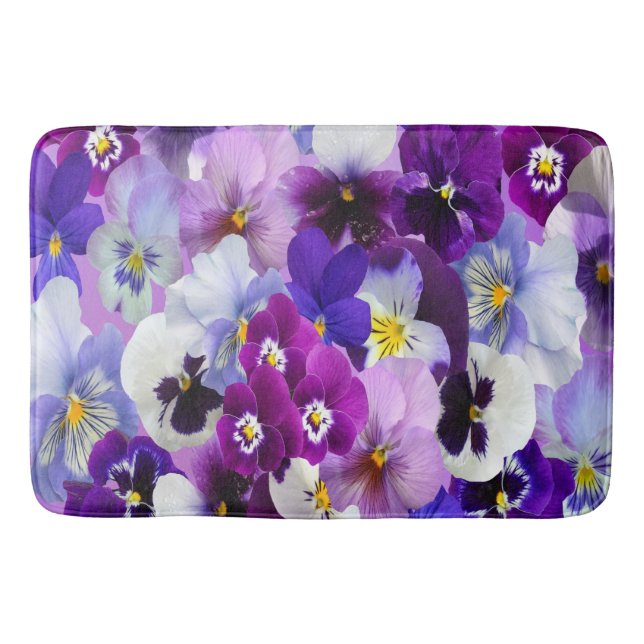 Purple Blue White Floral Pansy Flowers Bath Mat (Front)