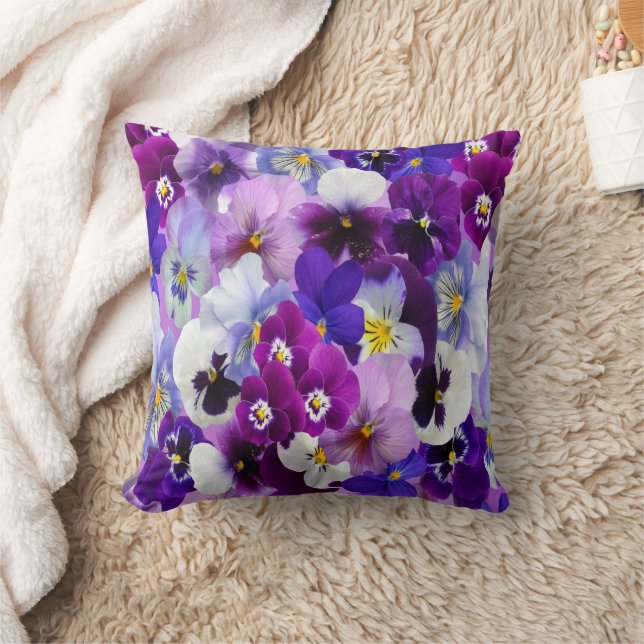 Purple Blue White Pansy Floral Flowers Throw Pillow (Blanket)