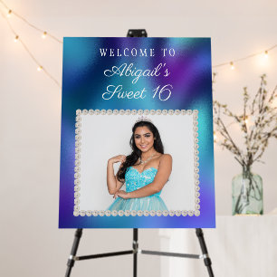 Purple Blue White Pearls Photo Sweet 16 Welcome Foam Board