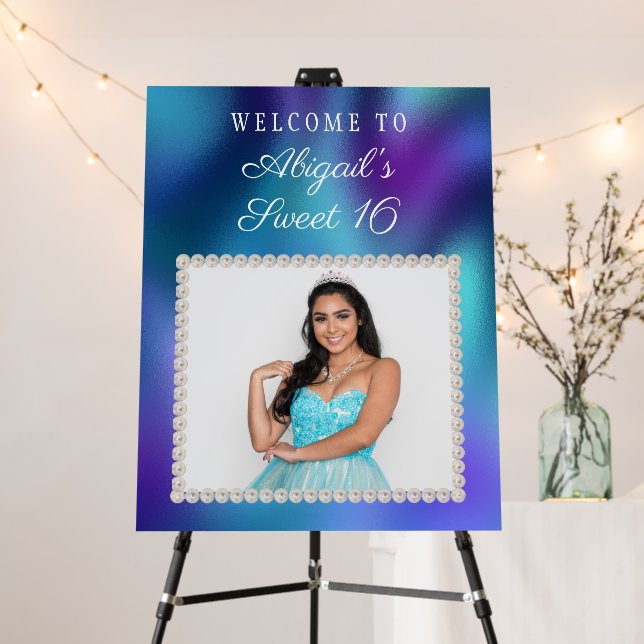 Purple Blue White Pearls Photo Sweet 16 Welcome Foam Board (In Situ (Stand))