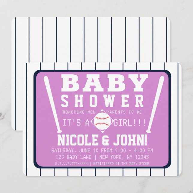 Purple Blue White Pinstripes Baseball Baby Shower Invitation (Front/Back)