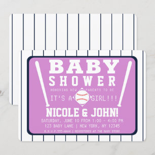 Purple Blue White Pinstripes Baseball Baby Shower Invitation