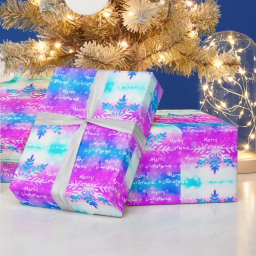 Purple Blue White Snowflake Merry Christmas Wrapping Paper