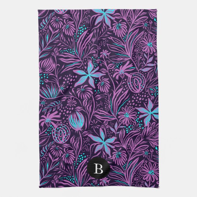 Purple & Blue Wild Flowers | Monogram Kitchen Towel (Vertical)