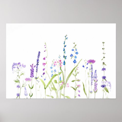 purple blue wild flowers watercolor painting poster