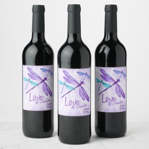 Purple, Blue Wine Label, Whimsical Dragonflies Wine Label