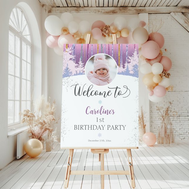 Purple Blue Winter First Birthday Welcome Photo Foam Board (Creator Uploaded)