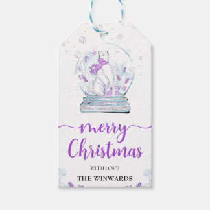 Purple Blue Winter Polar Bear Snowglobe Christmas Gift Tags