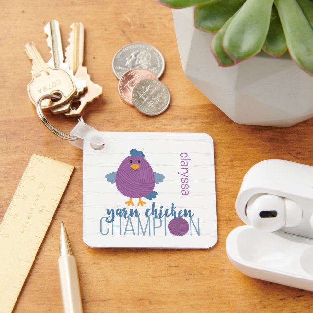 Purple & Blue Yarn Chicken Champion Keychain (Desk)
