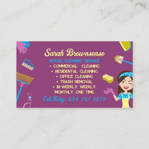 Purple Blue Yellow Housekeeper cleaning Janitorial Business Card