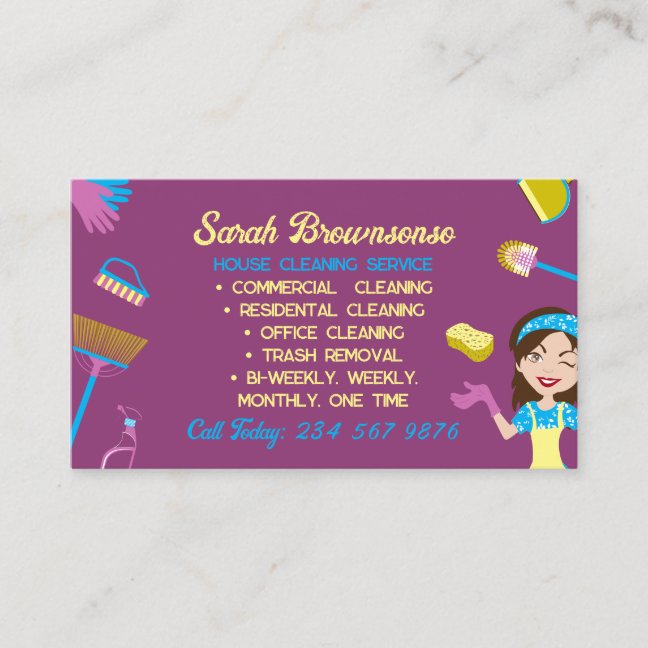 Purple Blue Yellow Housekeeper cleaning Janitorial Business Card