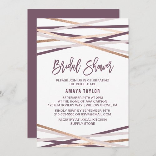 Purple Blush and Rose Gold Streamers Bridal Shower Invitation