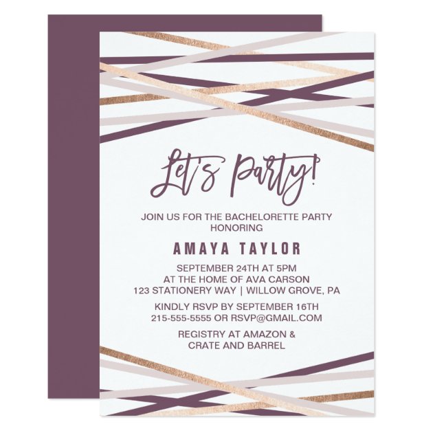 Purple Blush And Rose Gold Streamers Let's Party Invitation