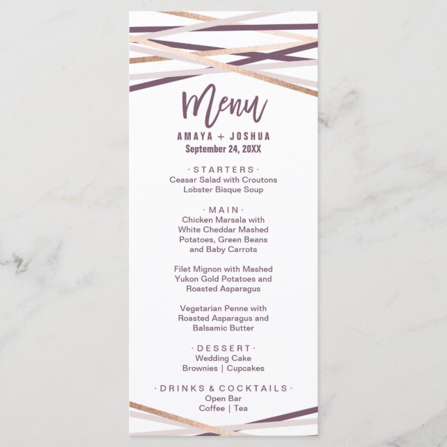 Purple Blush and Rose Gold Streamers Menu Card (Front)