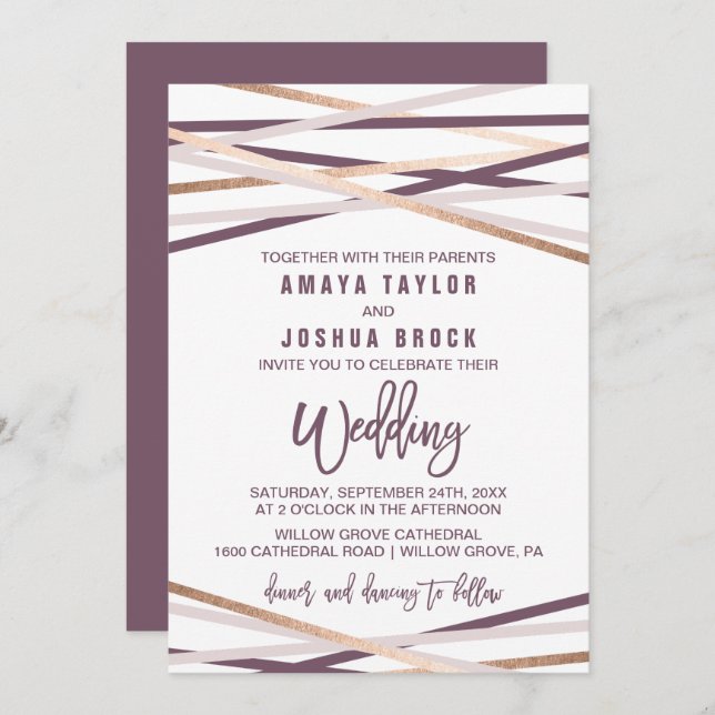 Purple Blush and Rose Gold Streamers Wedding Invitation (Front/Back)