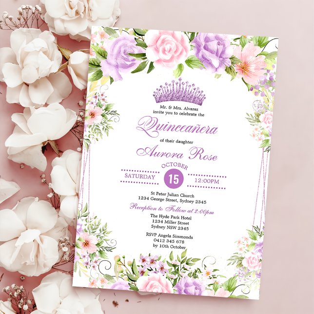 Purple Blush Boho Floral Quinceañera 15th Birthday Invitation (Creator Uploaded)