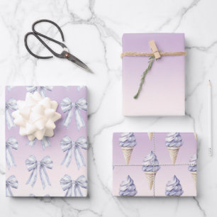Purple Blush Bows Ice Cream Cones Birthday Wrapping Paper Sheets