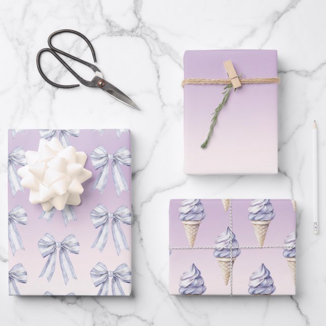 Purple Blush Bows Ice Cream Cones Birthday Wrapping Paper Sheets (Front)