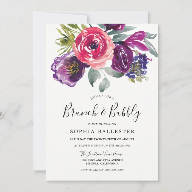 Purple & Blush Bridal Shower Brunch & Bubbly Invitation (Front)