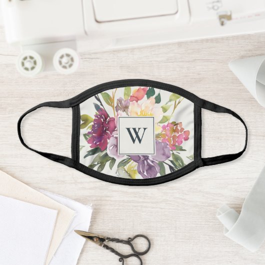 PURPLE BLUSH BURGUNDY FLORAL MONOGRAM INITIAL FACE MASK (Insitu)