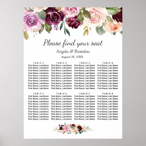 Purple Blush Floral 8 Tables Wedding Seating Chart - Watercolor Purple Blush Floral - 8 Tables Wedding Seating Chart Poster. 
(1) The default size is 18 x 24 inches, you can change it to other size.  
(2) For further customization, please click the "customize further" link and use our design tool to modify this template. 
(3) If you need help or matching items, please contact me.