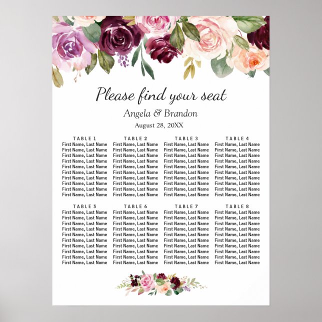 Purple Blush Floral 8 Tables Wedding Seating Chart (Front)