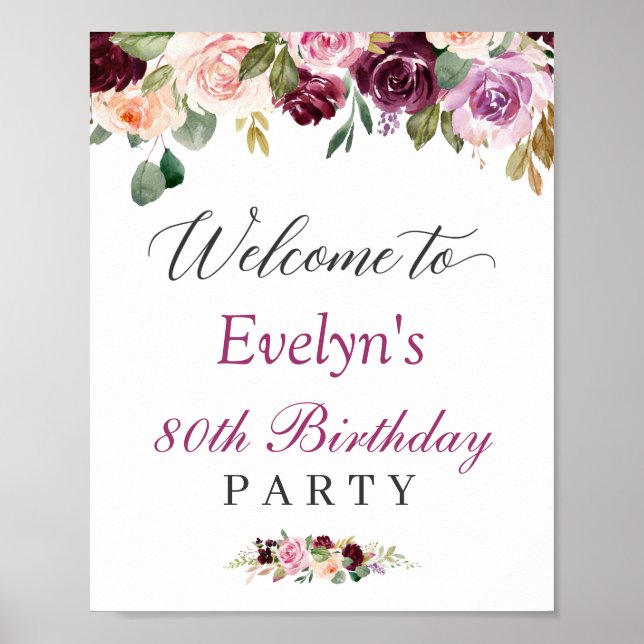 Purple Blush Floral Birthday Party Welcome Sign (Front)
