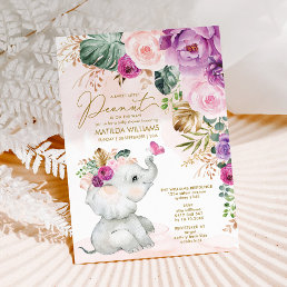 Purple Blush Floral Elephant Butterfly Baby Shower Invitation