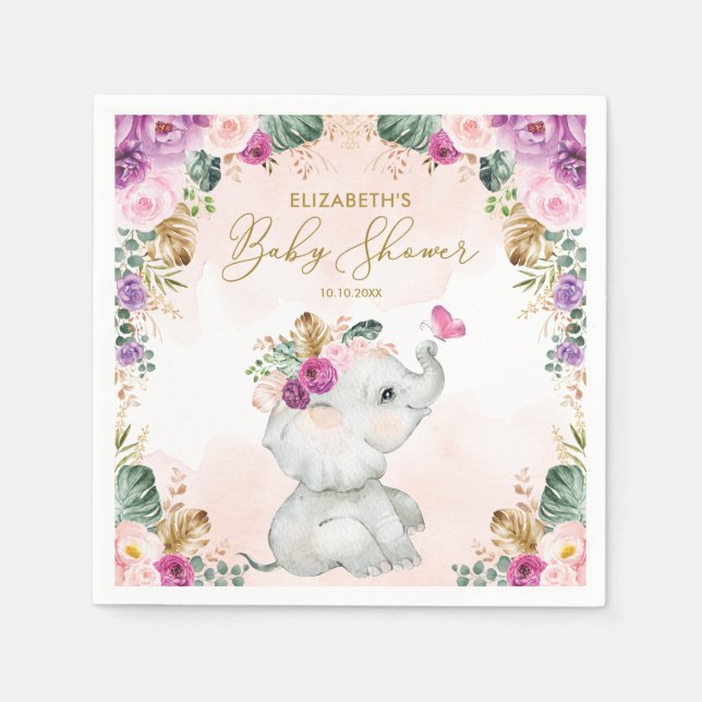 Purple Blush Floral Elephant Girl Baby Shower Napkins (Front)