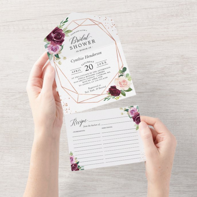 Purple Blush Floral Geometric Bridal Shower Recipe All In One Invitation