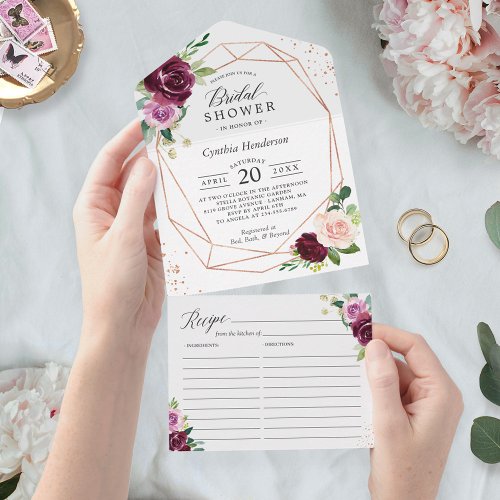 Purple Blush Floral Geometric Bridal Shower Recipe All In One Invitation