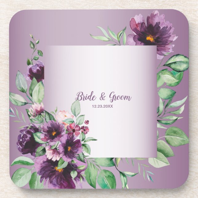 Purple Blush Floral Geometric Greenery Beverage Coaster (Front)