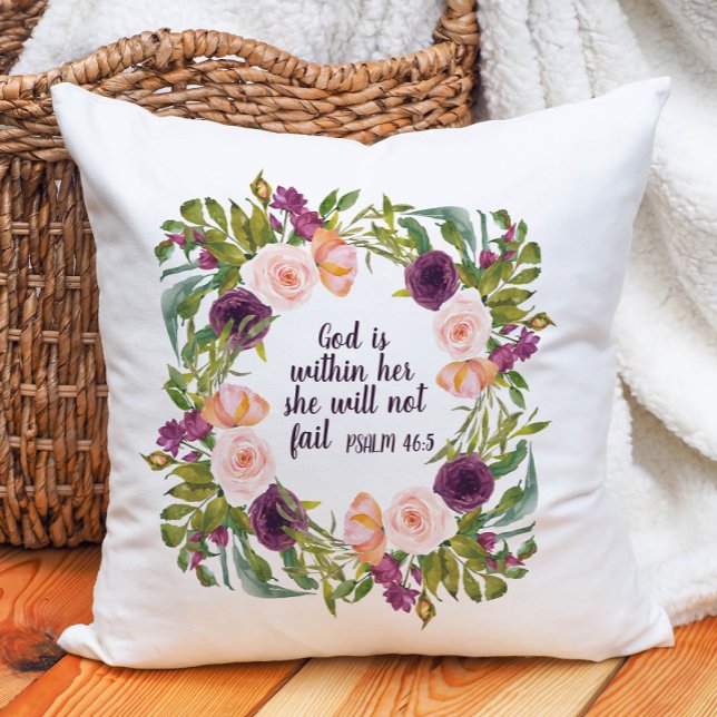 Purple Blush Floral God is Within Her Christian Throw Pillow ("God is within her, she will not fail." burgundy and pink floral Christian Bible verse pillow)