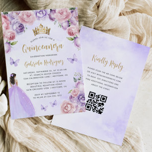 Purple Blush Floral Gold QR Code Quinceañera Invitation