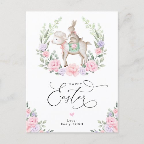 Purple Blush Floral Lamb Bunny Rabbit Happy Easter Postcard