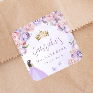 Purple Blush Floral Quinceañera Party Square Sticker